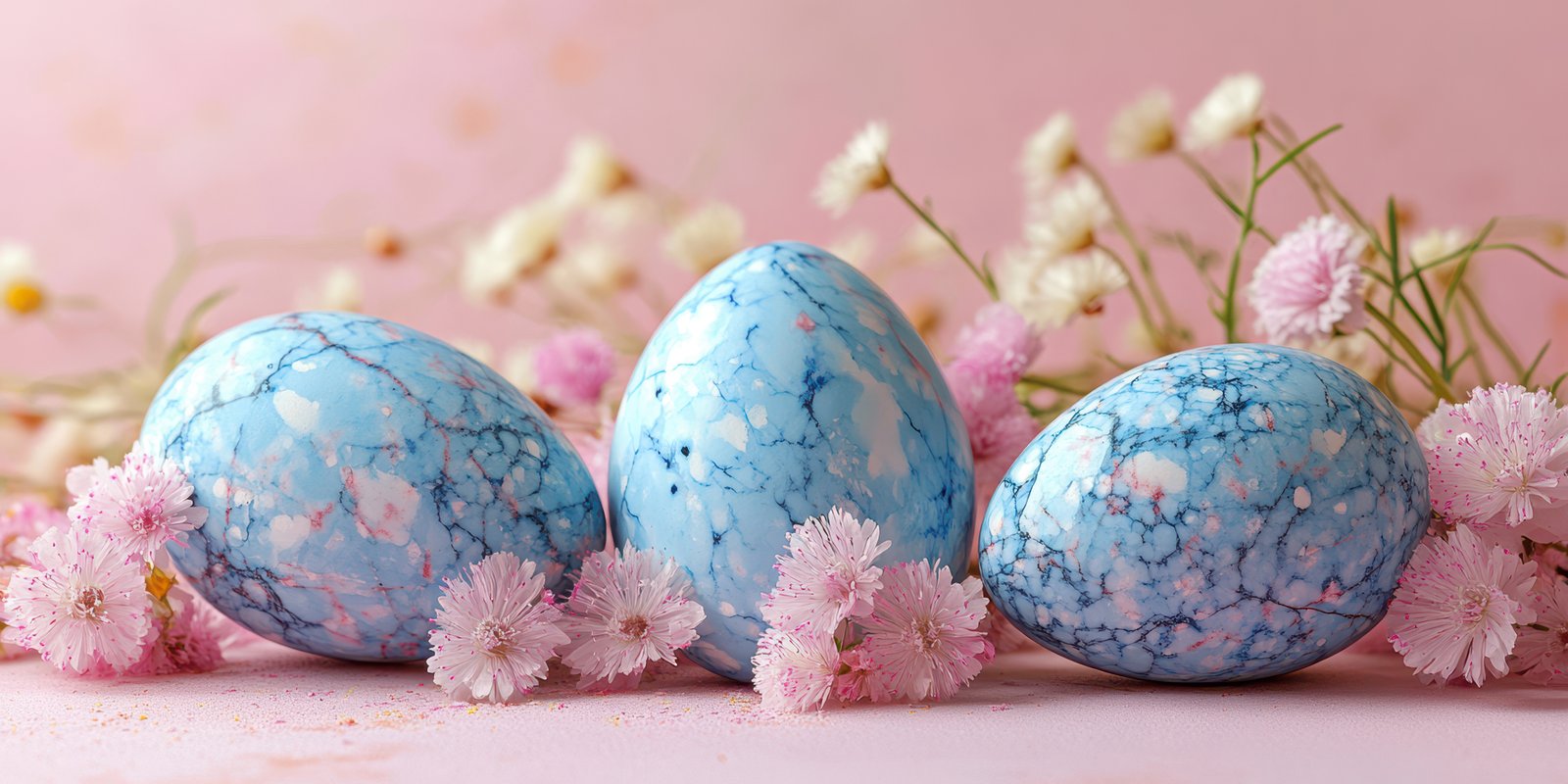 Beautiful hand-painted blue marbled eggs surrounded by delicate pink flowers
